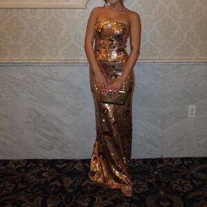 Gold Sequin Strapless Evening Gown